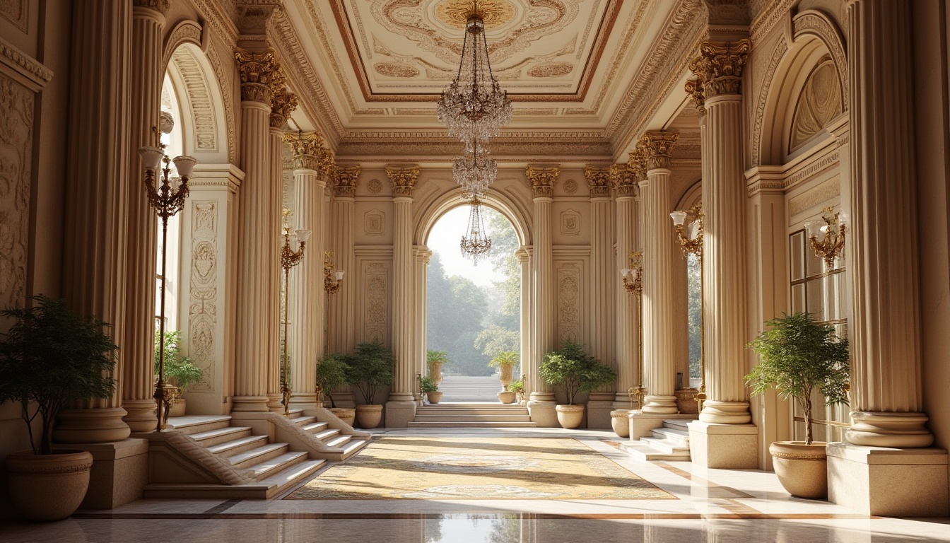 Prompt: Grandiose neoclassical facade, ornate stone carvings, fluted columns, pedimented roofs, symmetrical architecture, marble flooring, polished bronze door handles, crystal chandeliers, velvet drapes, intricate moldings, gilded frames, richly patterned rugs, elegant staircases, stately foyers, classical sculptures, verdant courtyards, warm golden lighting, shallow depth of field, 2/3 composition, realistic textures, ambient occlusion.