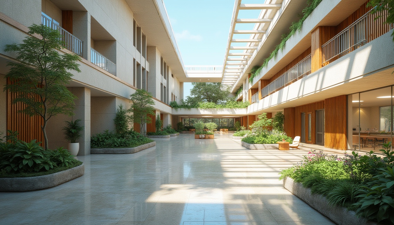 Prompt: Spacious hospital lobby, high ceilings, clerestory windows, skylights, natural stone floors, wooden accents, minimalist decor, abundant greenery, living walls, calming water features, soothing color palette, soft warm lighting, shallow depth of field, 3/4 composition, panoramic view, realistic textures, ambient occlusion, large patient rooms, floor-to-ceiling windows, comfortable seating areas, peaceful outdoor gardens, serene courtyards, lush landscaping, vibrant flowers, clear blue sky, sunny day.