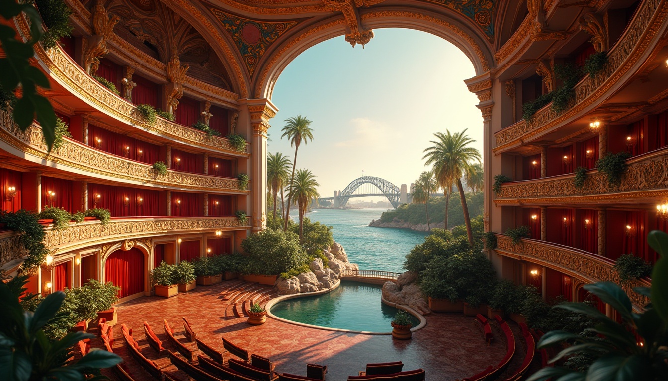 Prompt: Grand opera house, majestic concert hall, sweeping staircases, ornate balconies, red velvet curtains, gilded moldings, crystal chandeliers, lush greenery, tropical plants, natural stone walls, water features, koi ponds, tranquil gardens, scenic views, Sydney Harbour Bridge, sunny day, soft warm lighting, shallow depth of field, 3/4 composition, panoramic view, realistic textures, ambient occlusion.Please let me know if this meets your requirements!