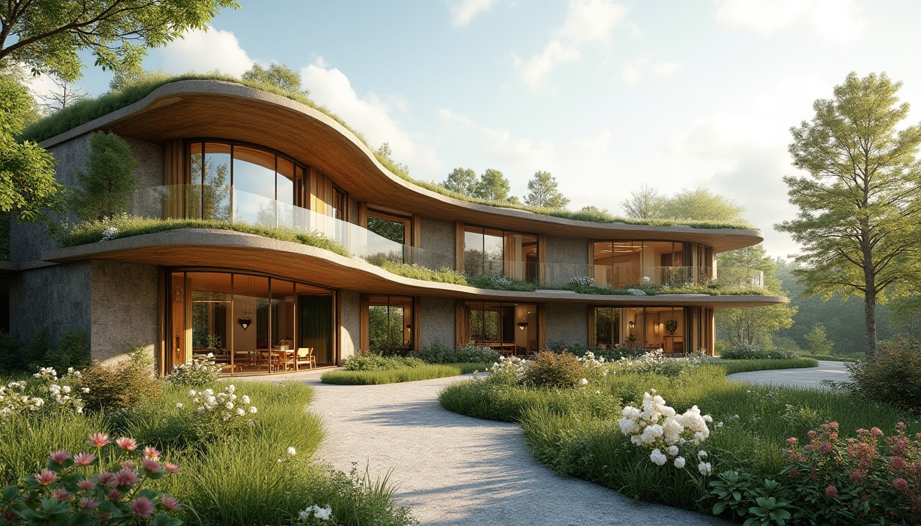 Prompt: Curved building facade, lush green roofs, natural stone walls, wooden accents, floor-to-ceiling windows, seamless indoor-outdoor transition, organic architecture, fluid lines, minimalist design, eco-friendly materials, native plant species, blooming flowers, sunny day, soft warm lighting, shallow depth of field, 3/4 composition, panoramic view, realistic textures, ambient occlusion.