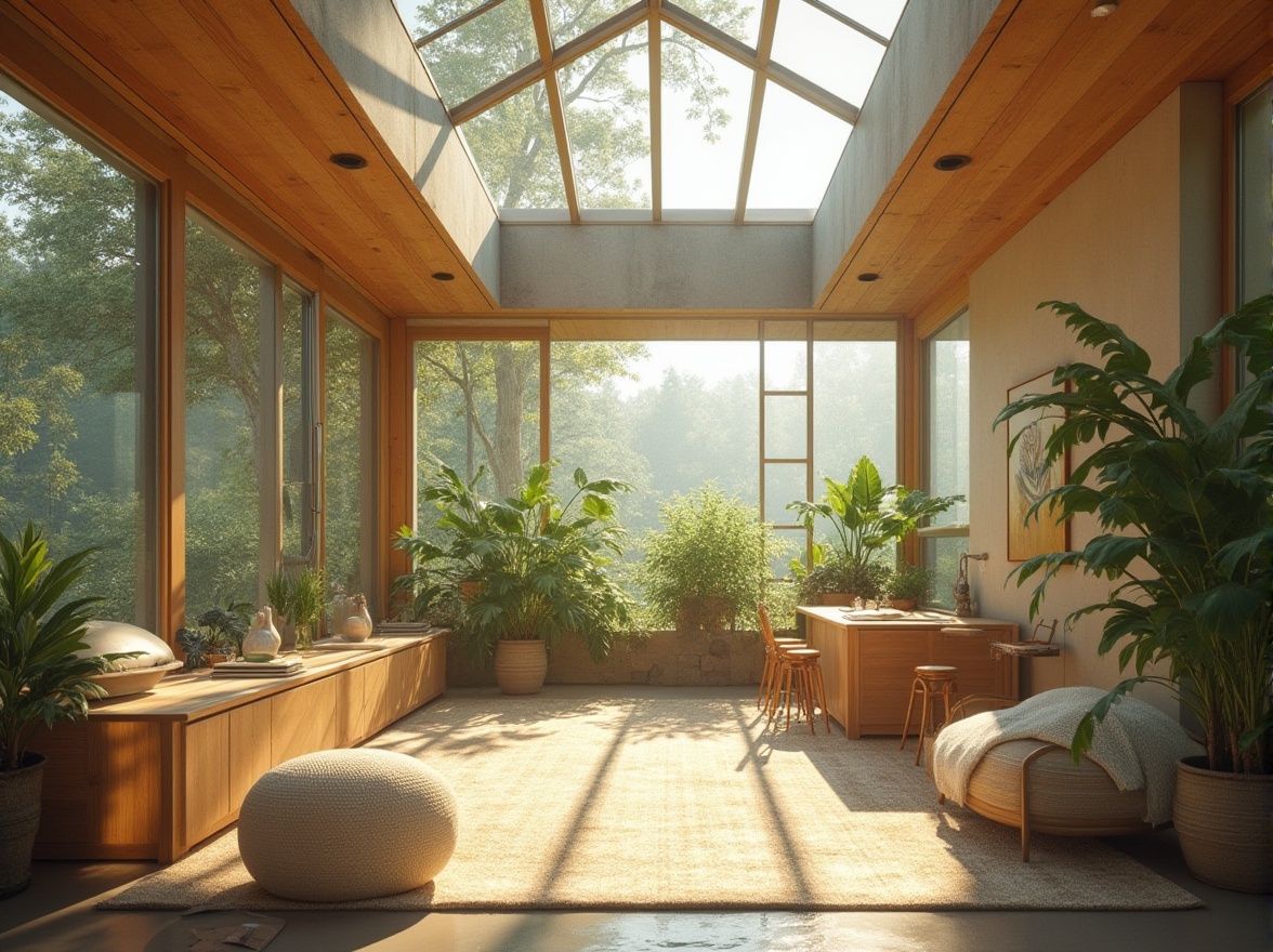 Prompt: Soft warm daylight, clerestory windows, solar tubes, skylights, transparent roofing, minimalist interior design, eco-friendly materials, energy-efficient appliances, green roofs, lush indoor plants, natural textiles, woven fibers, earthy color palette, subtle shadows, ambient occlusion, shallow depth of field, 1/1 composition, realistic textures.