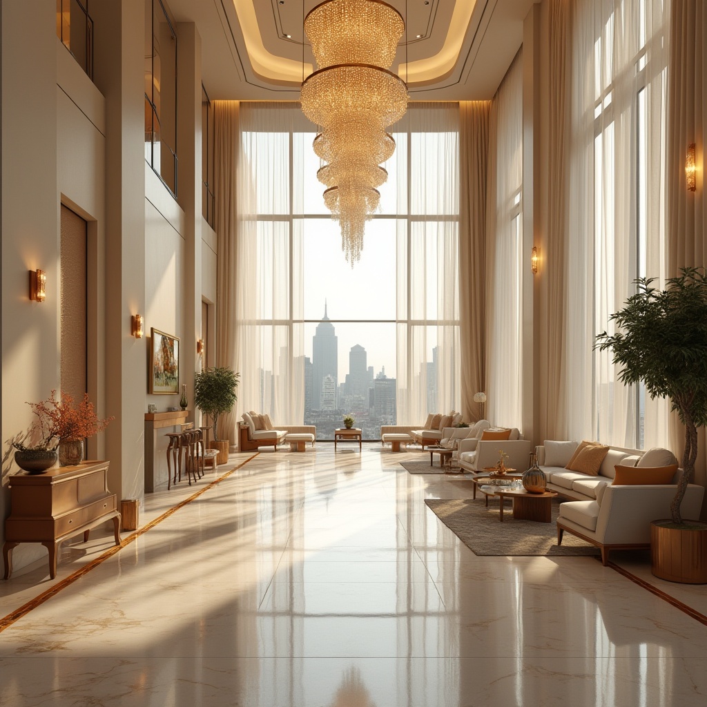 Prompt: Luxurious hotel lobby, high ceilings, grand chandeliers, marble floors, lavish furnishings, floor-to-ceiling windows, abundant natural light, soft warm illumination, comfortable seating areas, elegant decorations, refined atmosphere, city skyline views, urban landscape, modern architecture, minimalist design, sleek lines, neutral color palette, sophisticated ambiance, warm beige tones, creamy white walls, subtle textures, 1/1 composition, soft focus, realistic renderings.