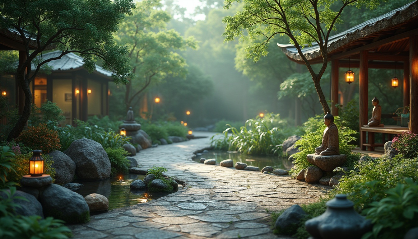 Prompt: Serenity garden, lush greenery, meandering pathways, tranquil water features, natural stone benches, spiritual statues, lanterns, soft warm lighting, misty atmosphere, shallow depth of field, 1/1 composition, realistic textures, ambient occlusion, peaceful ambiance, calming colors, harmonious balance, curved lines, organic shapes, rustic materials, weathered wood accents, earthy tones, soothing sounds, gentle breeze.