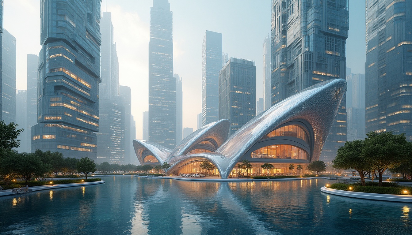 Prompt: Curved glass facades, iridescent materials, parametric architecture, futuristic skyscrapers, cantilevered structures, LED lighting installations, dynamic shading systems, photovoltaic panels, wind-driven ventilation, green walls, living roofs, biomimetic patterns, fractal geometry, algorithmic designs, 3D-printed components, translucent membranes, aerodynamic shapes, metallic meshes, responsive climate control, soft glowing lights, shallow depth of field, 1/2 composition, detailed textures, ambient occlusion.