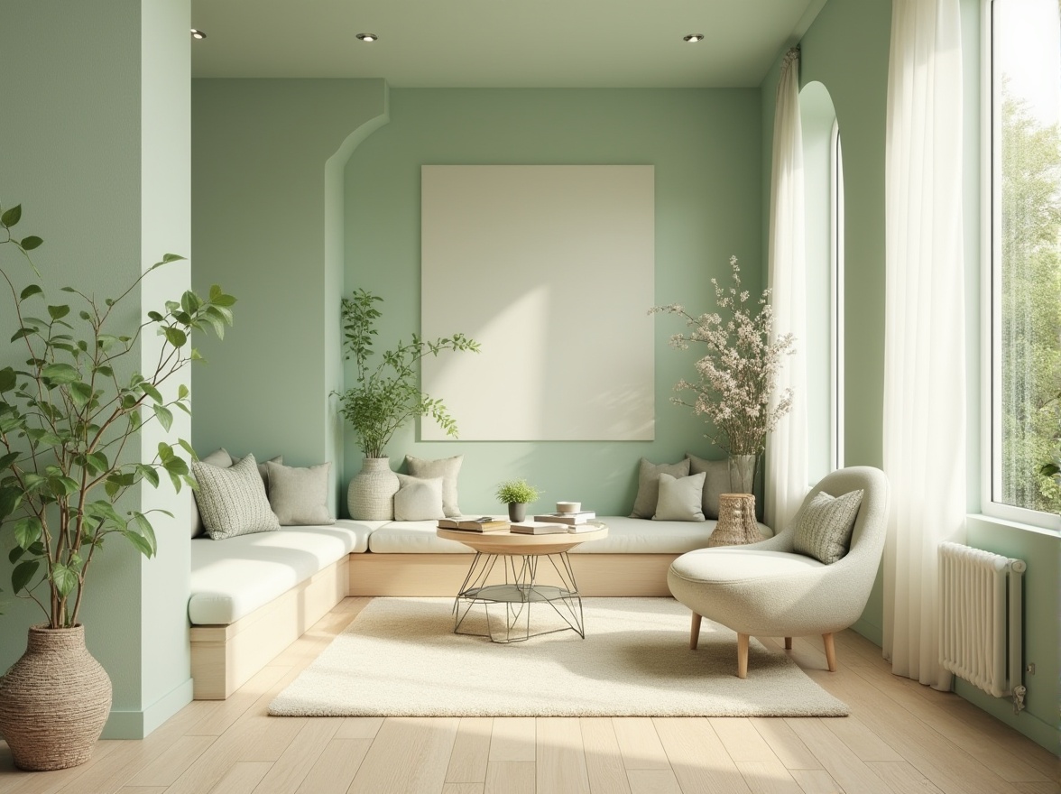 Prompt: Soft mint walls, pale green accents, creamy whites, warm beige tones, natural wood textures, minimalist decor, serene ambiance, cozy reading nooks, comfortable furnishings, lush greenery, blooming flowers, soft diffused lighting, shallow depth of field, 3/4 composition, panoramic view, realistic textures, ambient occlusion.