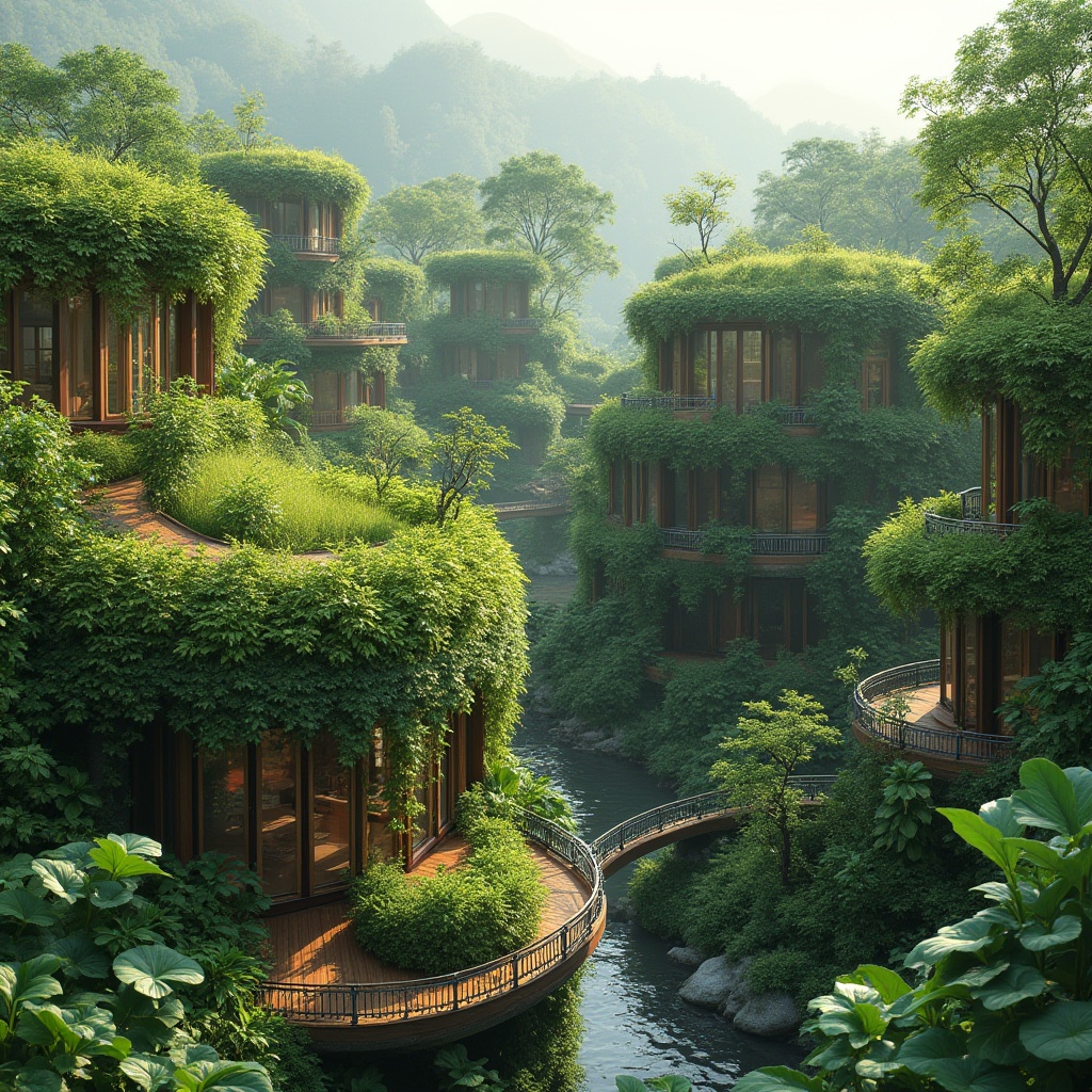 Prompt: Vibrant green roofs, lush vegetation walls, eco-friendly buildings, natural stone facades, curved lines, organic shapes, seamless transitions, blurring boundaries, harmonious coexistence, scenic overlooks, panoramic views, tranquil water features, soothing soundscapes, rustic wooden decks, weathered steel accents, earthy color palettes, soft warm lighting, misty atmosphere, shallow depth of field, 3/4 composition, symmetrical framing.