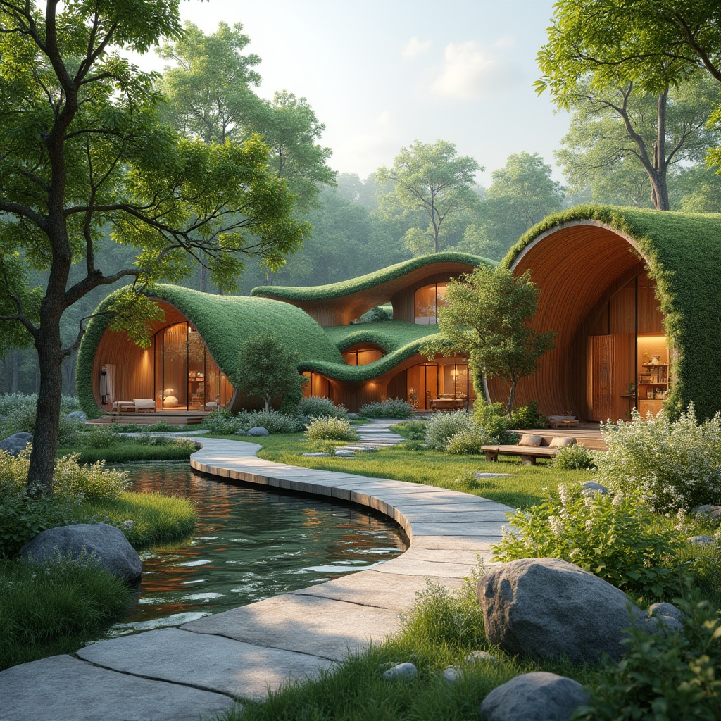 Prompt: Seamless landscape integration, organic curves, natural stone walls, green roofs, eco-friendly buildings, wooden accents, large windows, sliding glass doors, surrounding trees, lush vegetation, wildflowers, serene water features, gentle streams, rustic pathways, weathered wood benches, soft warm lighting, shallow depth of field, 3/4 composition, panoramic view, realistic textures, ambient occlusion.