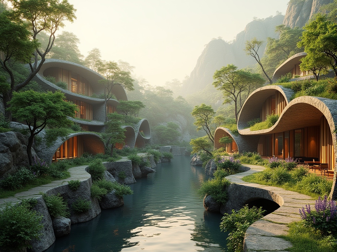 Prompt: Harmonious landscape integration, blending architecture with nature, curved lines, organic forms, natural stone walls, lush green roofs, verdant gardens, water features, reflecting pools, walking trails, scenic overlooks, native plant species, seasonal blooms, warm sunlight, soft misty atmosphere, shallow depth of field, 1/2 composition, symmetrical framing, realistic textures, ambient occlusion.