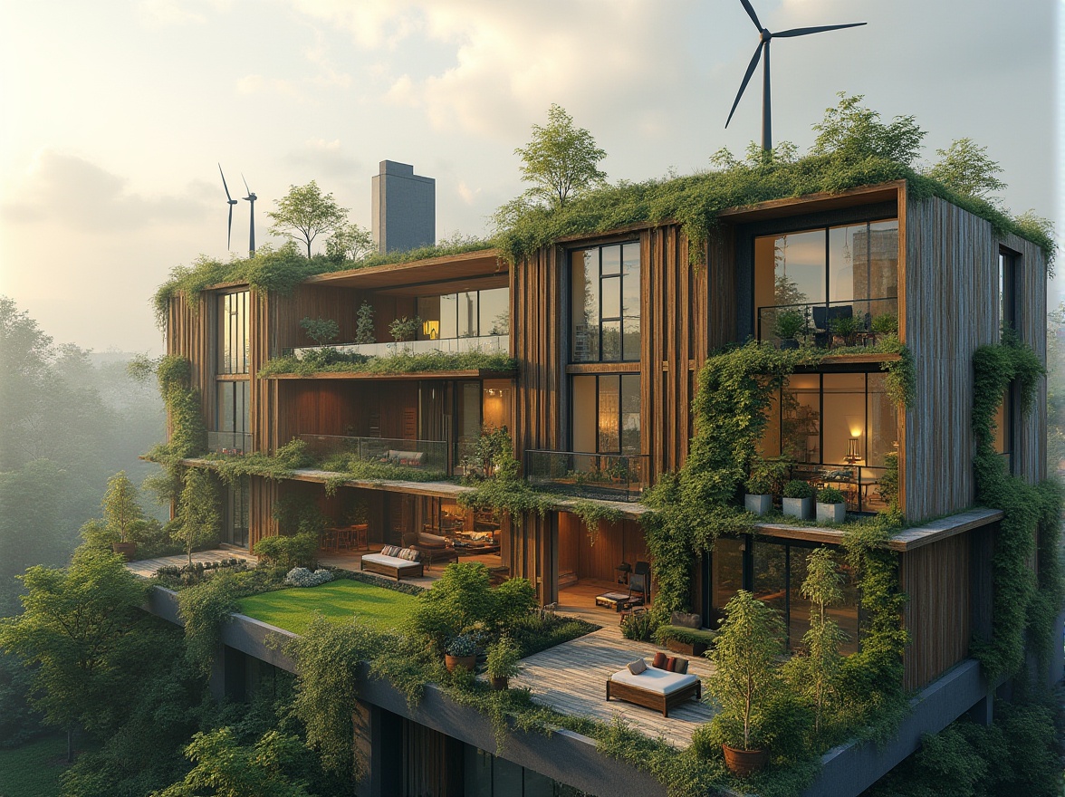 Prompt: Eco-friendly building, reclaimed wood accents, living green walls, solar panels, wind turbines, rainwater harvesting systems, low-carbon concrete, recycled glass fa\u00e7ades, bamboo flooring, natural fiber textiles, organic paint coatings, energy-efficient windows, passive house design, minimalist decor, industrial chic aesthetic, urban renewal project, revitalized brownfield site, thriving rooftop garden, misty morning atmosphere, soft warm lighting, shallow depth of field, 3/4 composition.