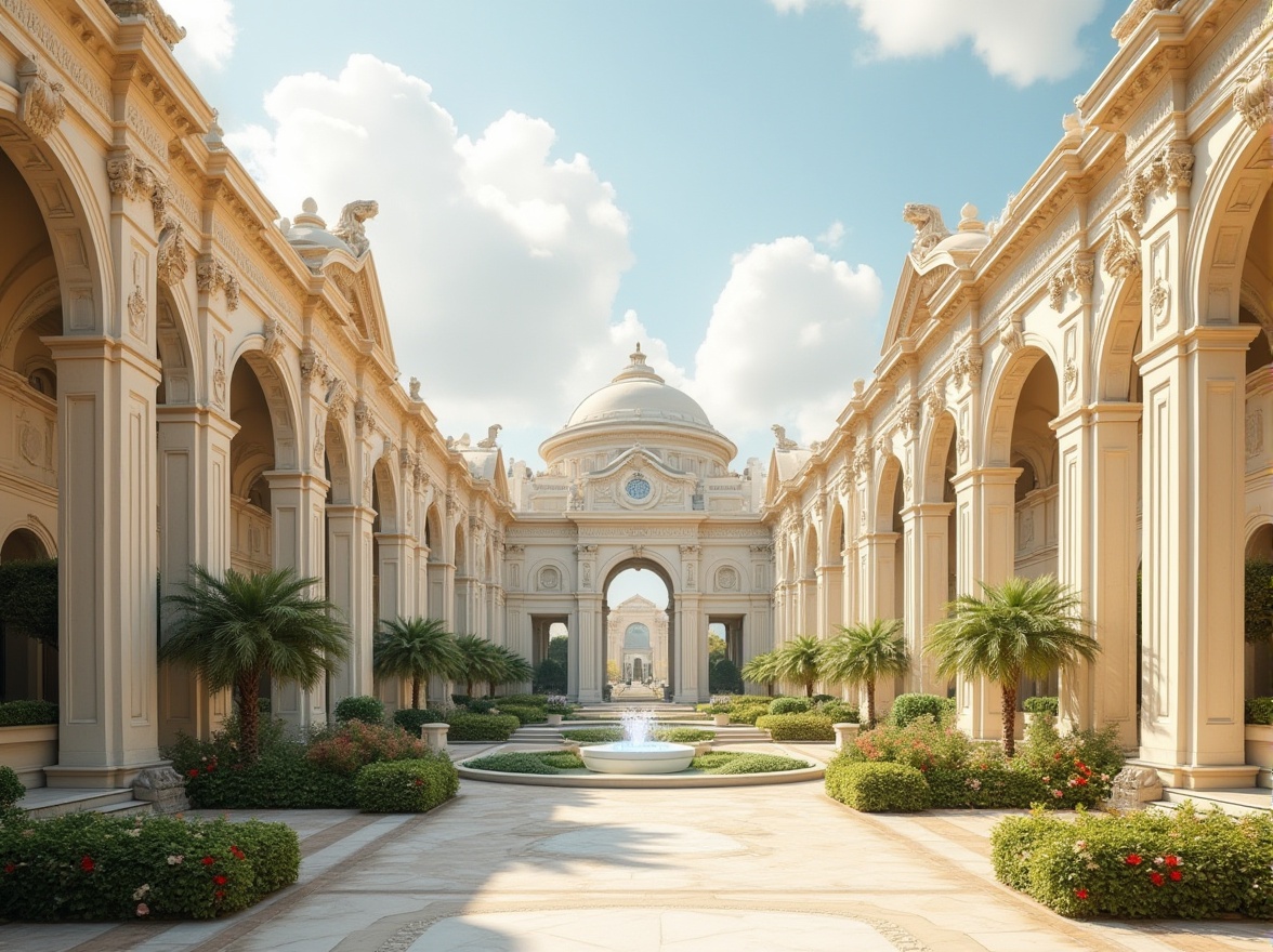 Prompt: Grandiose neoclassical buildings, creamy white marble, warm beige stone, soft golden lighting, intricate carvings, ornate moldings, symmetrical facades, grand archways, imposing columns, ornamental fountains, lush greenery, vibrant flowers, sunny day, shallow depth of field, 3/4 composition, realistic textures, ambient occlusion.