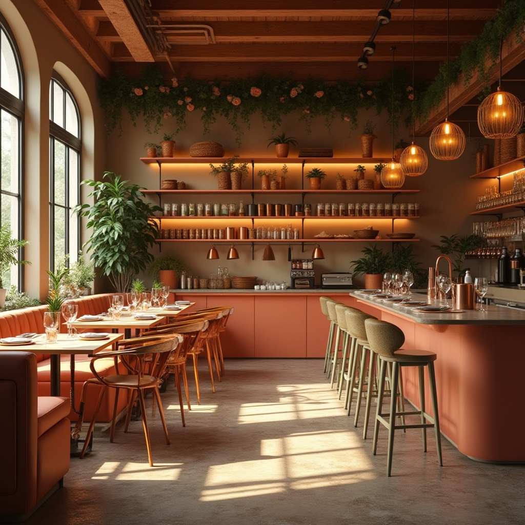 Prompt: Vibrant eatery, warm golden lighting, rich wood accents, earthy terracotta tones, fresh greenery walls, lively coral hues, creamy whites, metallic copper details, industrial chic decor, open kitchen layout, modern minimalist furniture, natural stone floors, plush velvet textiles, intimate cozy atmosphere, soft focus blur, 1/1 composition, warm color harmony.