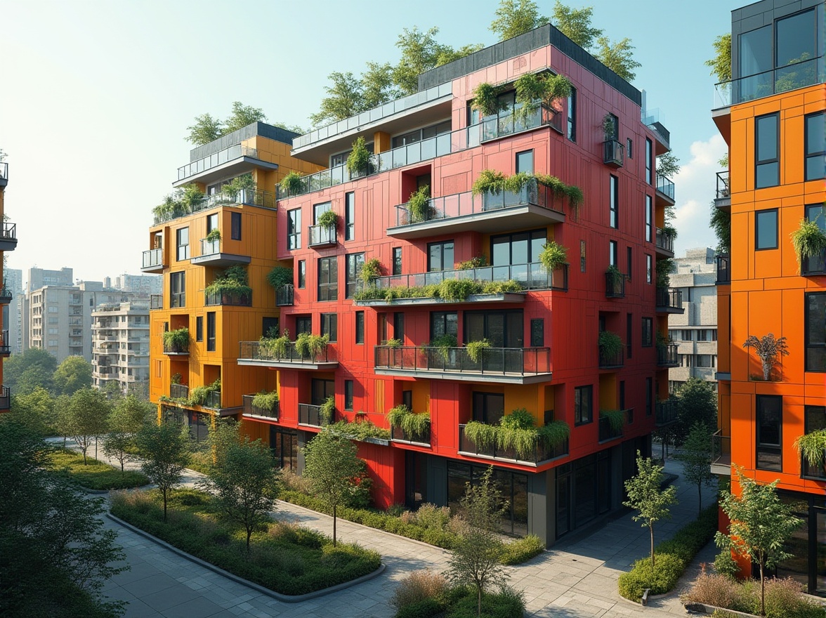 Prompt: Vibrant social housing, modern facade design, bold color scheme, geometric patterns, metallic materials, glass balconies, cantilevered roofs, green walls, living walls, vertical gardens, urban landscape, cityscape views, sunny day, soft natural lighting, shallow depth of field, 3/4 composition, panoramic view, realistic textures, ambient occlusion.