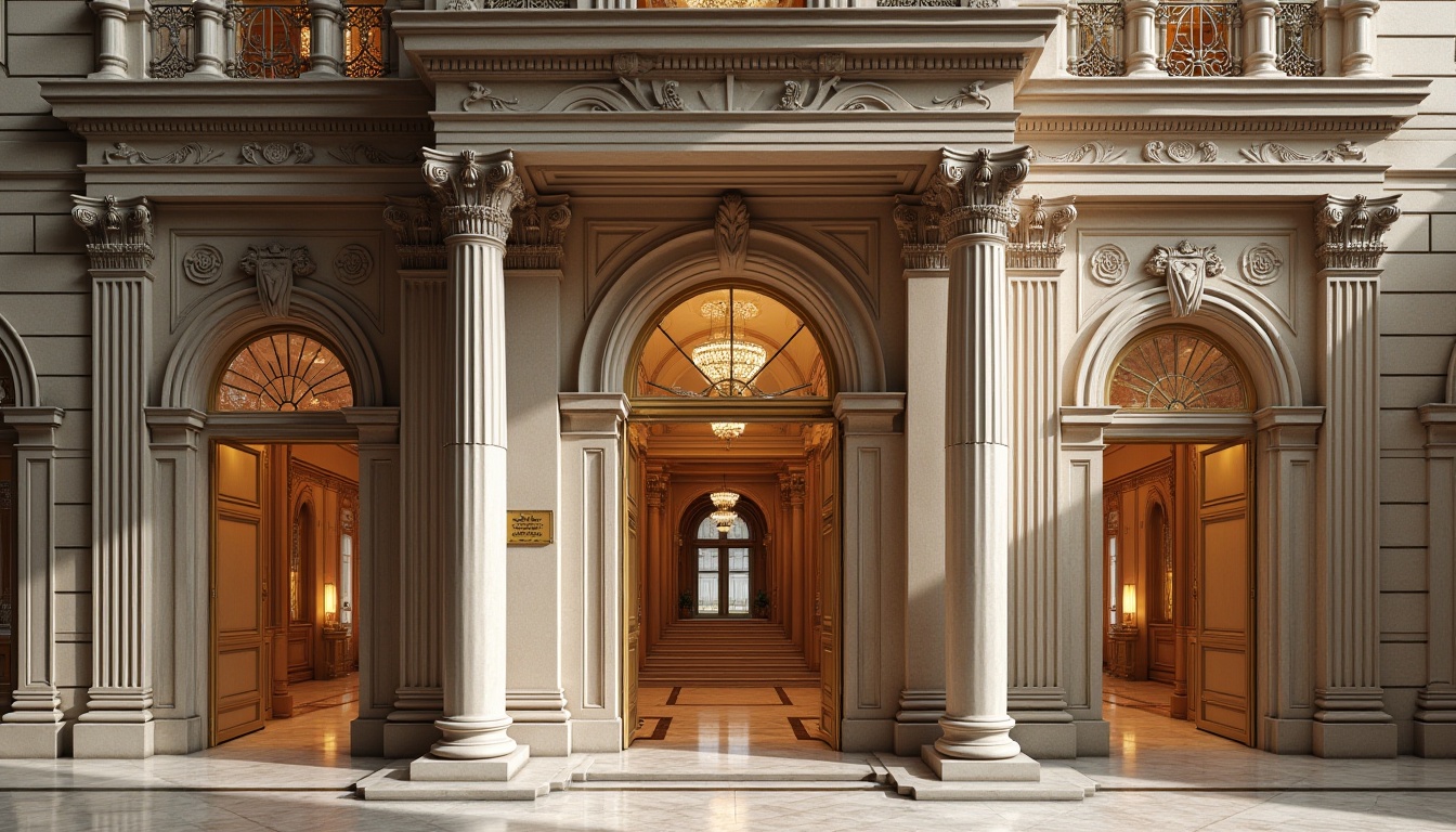 Prompt: Grandiose neoclassical facade, marble columns, ornate stone carvings, symmetrical architecture, rusticated base, arched windows, balconies with intricate metalwork, grand entrance doors, polished granite floors, rich wood paneling, gilded details, crystal chandeliers, soft warm lighting, shallow depth of field, 1/2 composition, realistic textures, ambient occlusion.