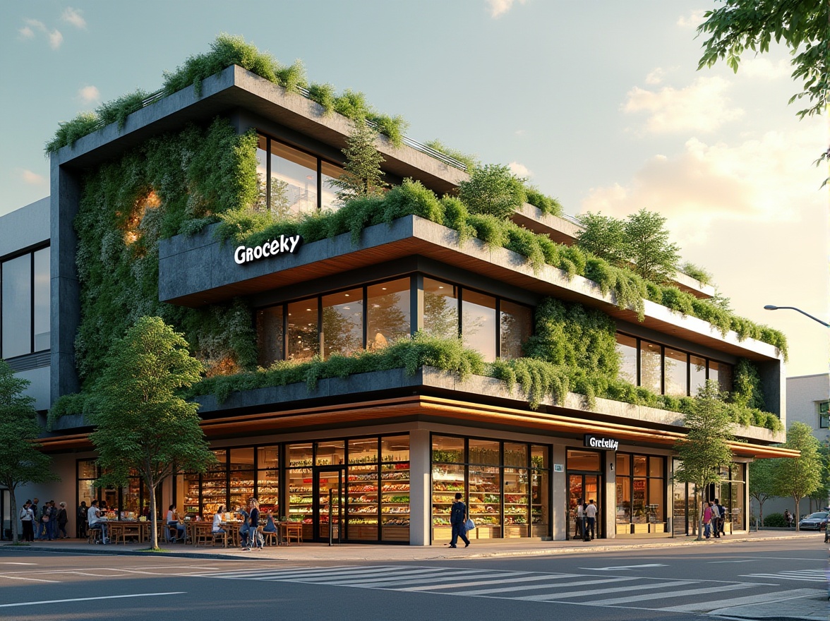 Prompt: Vibrant grocery store facade, modern angular lines, green walls, living roofs, vertical gardens, LED signage, large glass windows, sliding doors, metallic frames, energy-efficient systems, solar panels, rainwater harvesting, natural stone cladding, wooden accents, urban landscape, bustling street scene, morning sunlight, soft warm lighting, shallow depth of field, 2/3 composition, realistic textures, ambient occlusion.