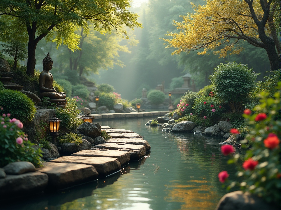 Prompt: Serenity pond, lush greenery, vibrant flowers, meandering stone pathways, meditation benches, Buddha statues, lanterns, gentle water features, peaceful ambiance, naturalistic scenery, rustic wooden bridges, misty morning atmosphere, soft warm lighting, shallow depth of field, 1/2 composition, intimate focus, realistic textures, ambient occlusion.