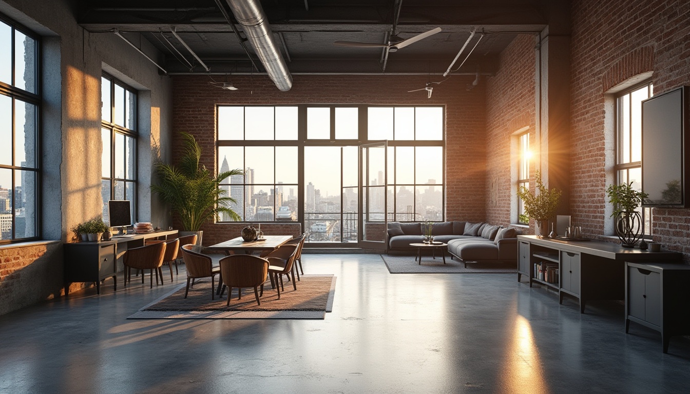 Prompt: Industrial chic loft, exposed brick walls, polished concrete floors, minimalist decor, functional metal beams, open floor plan, abundant natural light, large industrial windows, modernist furniture, sleek lines, monochromatic color scheme, urban cityscape views, sunny day, soft warm lighting, shallow depth of field, 3/4 composition, panoramic view, realistic textures, ambient occlusion.