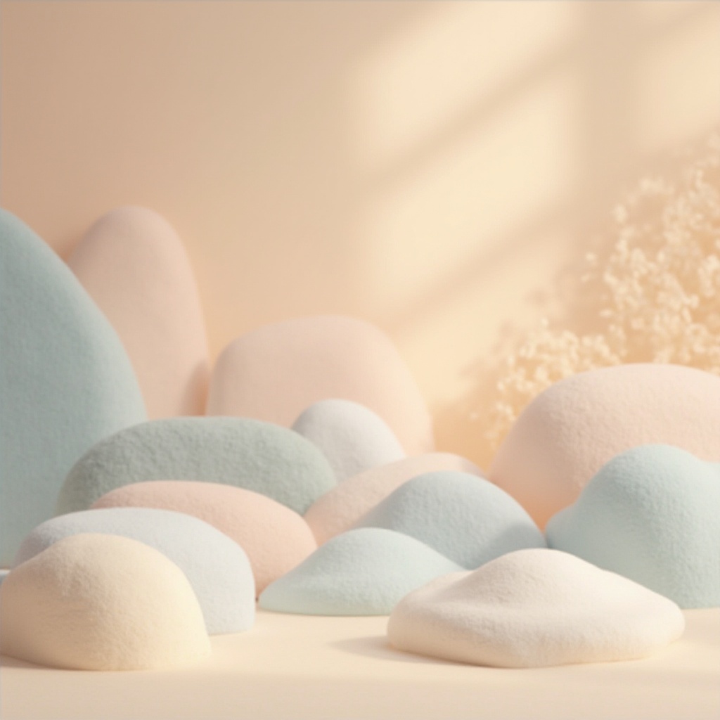 Prompt: Soft pastel hues, calming atmosphere, serene ambiance, gentle color transitions, soothing visual experience, natural material textures, wooden accents, earthy tones, muted saturation, warm beige backgrounds, creamy whites, pale blues, mauve undertones, soft peach highlights, subtle gradient effects, 2.5D composition, atmospheric perspective, realistic lighting, delicate shadowing, ambient occlusion.