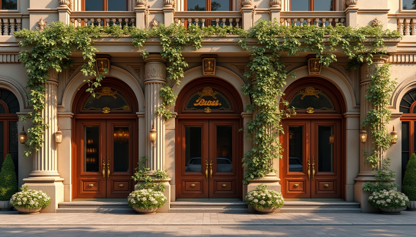 Prompt: Grandiose pub facade, ornate classical details, symmetrical composition, Corinthian columns, carved stone ornaments, intricate moldings, warm beige stonework, large arched windows, wooden doors with brass handles, elegant signage, vintage lanterns, lush greenery, climbing vines, blooming flowers, sunny afternoon, soft warm lighting, shallow depth of field, 2/3 composition, realistic textures, ambient occlusion.