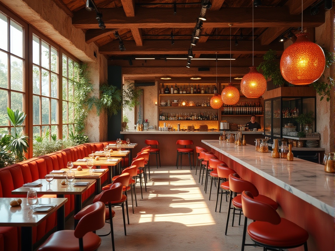 Prompt: Vibrant dining area, warm earthy tones, rich wooden accents, bold reds and oranges, deep blues and greens, metallic copper highlights, soft cream-colored walls, elegant marble countertops, modern industrial lighting, cozy intimate atmosphere, afternoon sunlight, shallow depth of field, 1/2 composition, realistic textures, ambient occlusion.