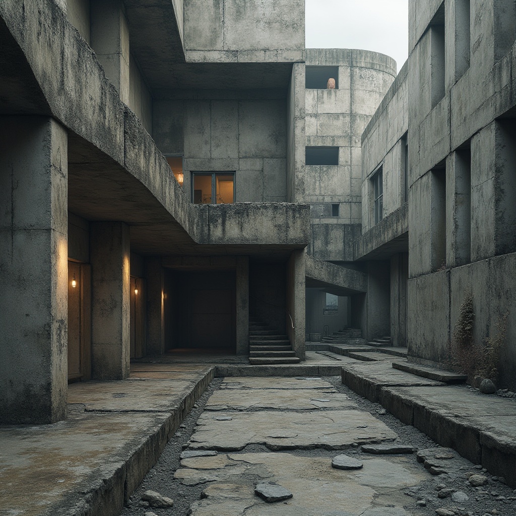 Prompt: Exposed concrete structures, industrial metal accents, rugged stone walls, weathered wood textures, dramatic shadows, bold geometric forms, monochromatic color scheme, muted earth tones, raw materiality, brutalist aesthetic, urban cityscape, overcast skies, moody atmospheric lighting, low-key contrast, 2/3 composition, cinematic framing, gritty realistic rendering.