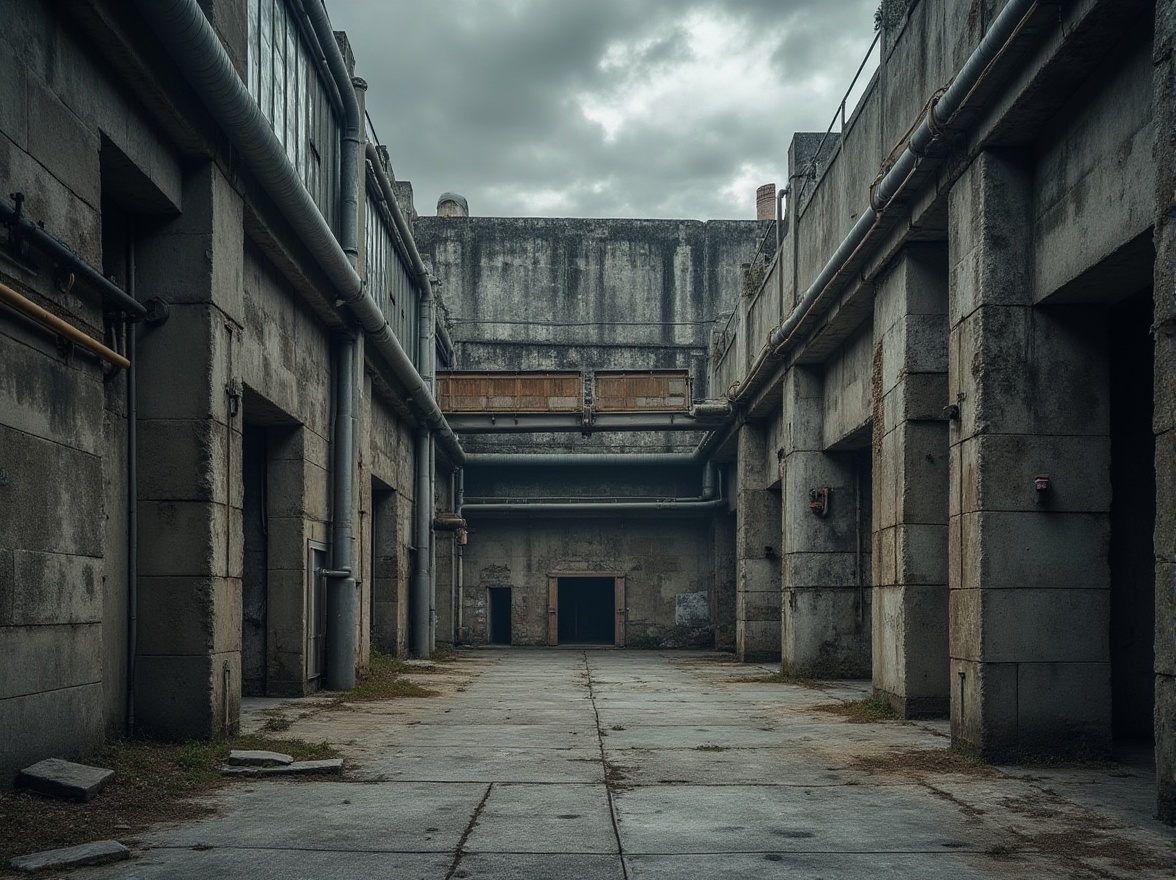 Prompt: Rough-hewn concrete walls, exposed ductwork, industrial pipes, brutalist fa\u00e7ade, fortress-like structure, rugged stone foundations, weathered steel beams, distressed wood accents, raw cement floors, urban cityscape, overcast skies, dramatic lighting, high contrast ratio, 1/2 composition, symmetrical framing, gritty textures, ambient noise, atmospheric mist.