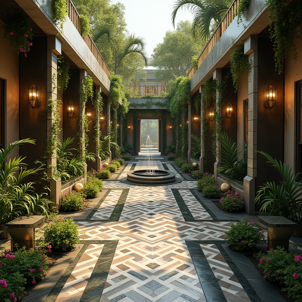 Prompt: Geometric gardens, ornate fountains, symmetrical pathways, lush greenery, vibrant flowers, art deco inspired planters, metallic accents, bold color schemes, zigzag patterns, chevron motifs, ornamental railings, grand entranceways, luxurious outdoor furniture, ambient lighting, warm golden hues, shallow depth of field, 1/1 composition, dramatic shadows, high-contrast textures.