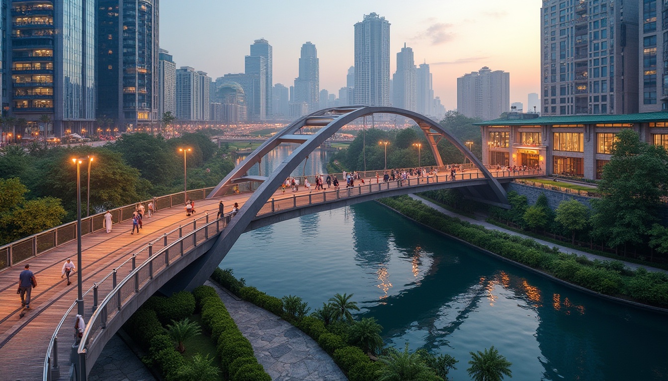 Prompt: Curved pedestrian bridge, steel arches, suspended walkways, urban cityscape, bustling streets, vibrant streetlights, modern skyscrapers, green roofs, landscaped gardens, natural stone walls, meandering water features, serene urban parks, shallow water reflections, soft warm lighting, 1/1 composition, symmetrical framing, realistic textures, ambient occlusion.