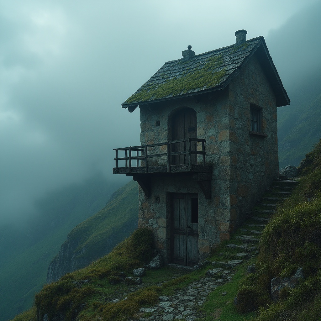 Prompt: Rustic watchtower, weathered stone walls, moss-covered roofs, overgrown vegetation, abandoned architecture, eerie atmosphere, misty mountainside, dense fog, mystical lighting, low-key colors, cinematic composition, shallow depth of field, 1/1 aspect ratio, dramatic sky, foreboding clouds, rustic wooden doors, metal hinges, aged stone stairs, mysterious ambiance.