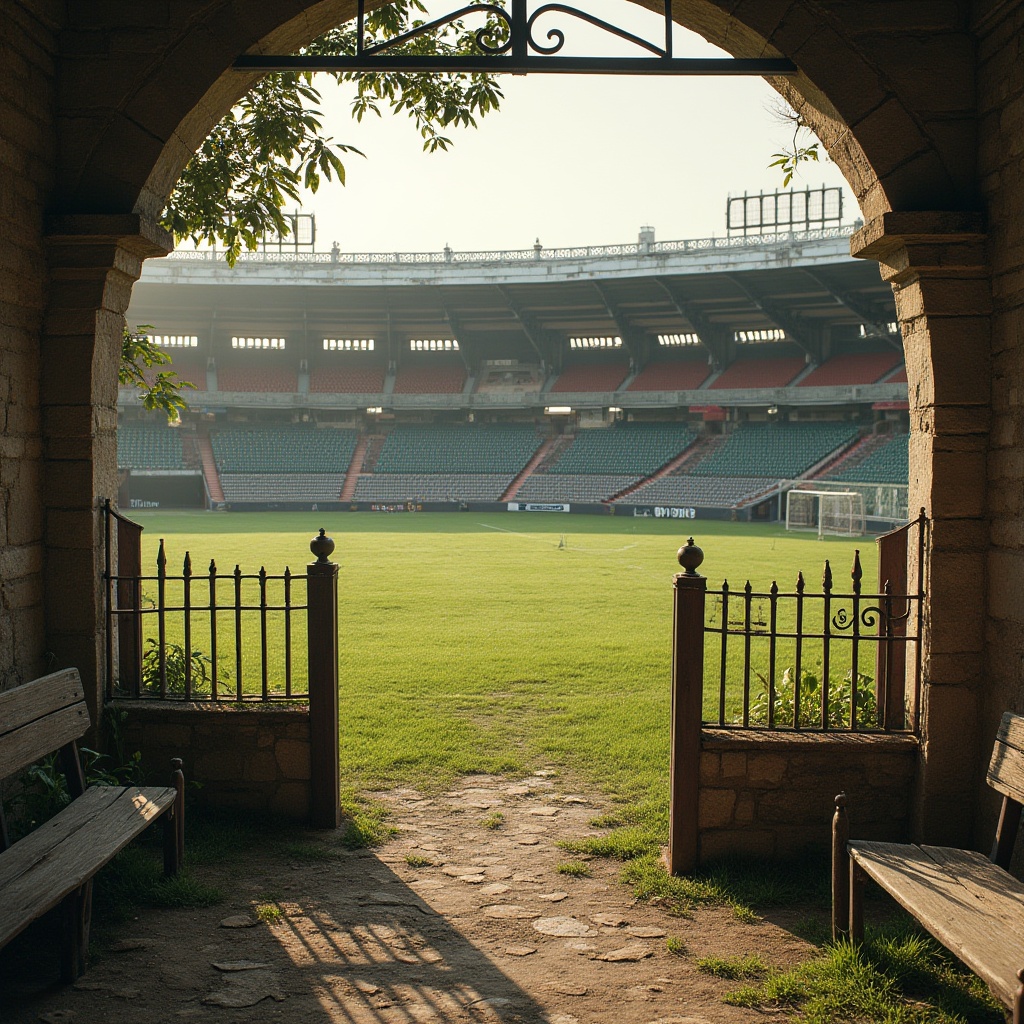 Prompt: Rustic sports fields, natural grass, weathered stone walls, ornate metal fences, vintage goalposts, distressed wood benches, earthy tones, warm afternoon light, soft focus, 1/2 composition, symmetrical framing, realistic textures, ambient occlusion, Romanesque arches, curved lines, classic ornaments, rich wood accents, elegant typography.