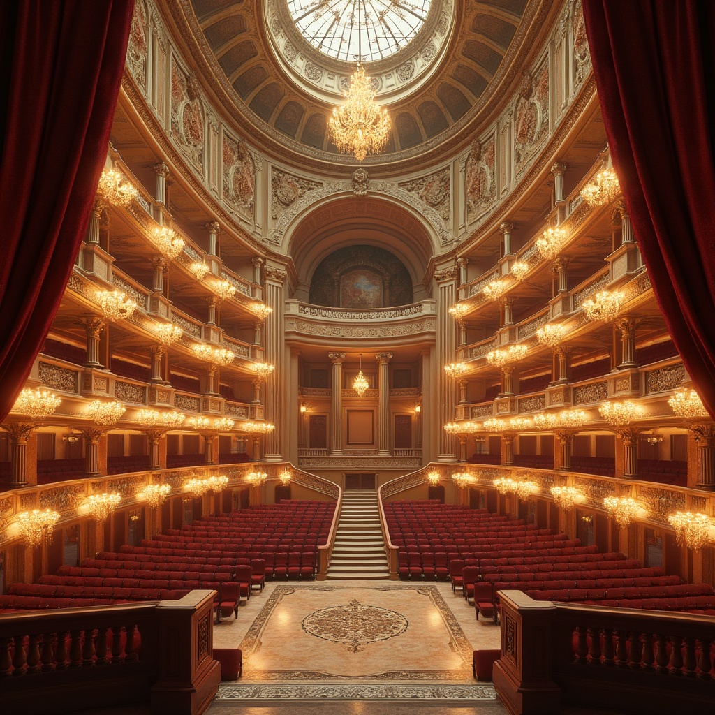 Prompt: Grand opera house, neoclassical facade, ornate columns, intricate carvings, sweeping arches, majestic domes, opulent balconies, lavish ornamental details, richly patterned marble floors, grand staircases, crystal chandeliers, luxurious red velvet curtains, gilded accents, soft warm lighting, shallow depth of field, 1/1 composition, symmetrical framing, realistic textures, ambient occlusion.