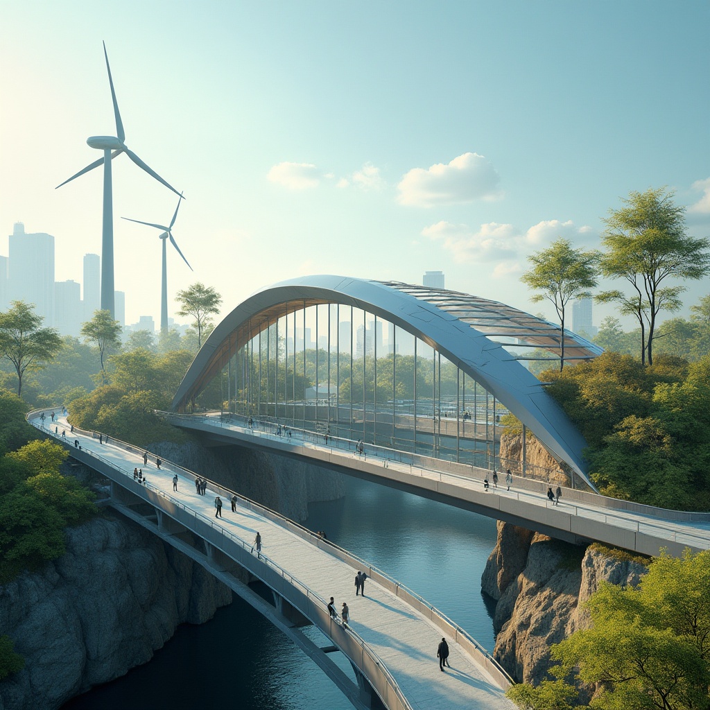 Prompt: Eco-friendly bridge, curved steel arches, recycled metal materials, solar-powered lighting, wind turbines, green roofs, living walls, natural stone piers, water-resistant concrete, minimalist design, optimized structural systems, reduced carbon footprint, energy-harvesting technologies, shaded pedestrian walkways, misting systems, futuristic urban landscape, clear blue sky, soft warm lighting, shallow depth of field, 3/4 composition, panoramic view, realistic textures, ambient occlusion.