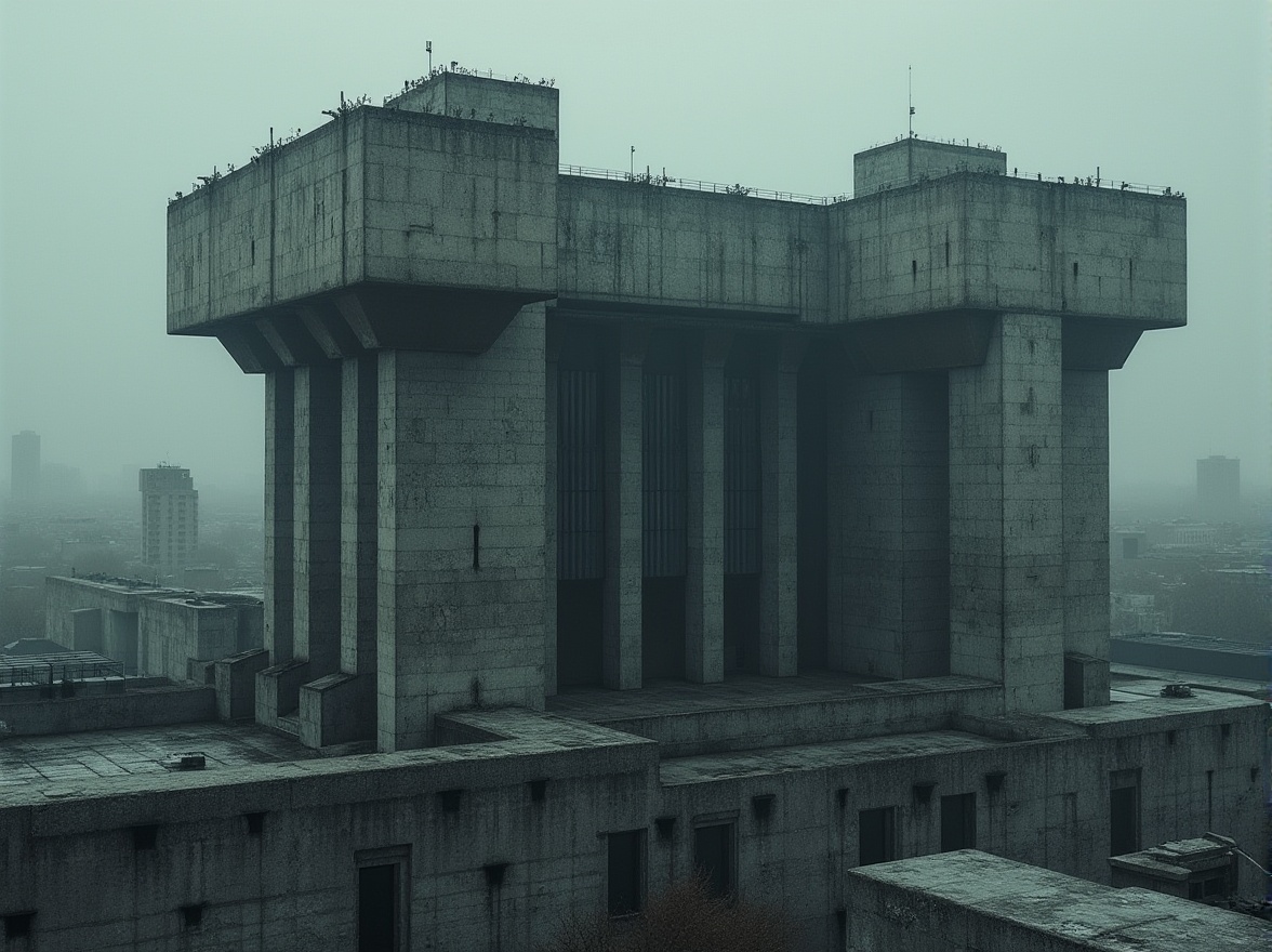 Prompt: Rugged brutalist building, raw concrete texture, bold geometric shapes, fortress-like architecture, monumental scale, dramatic cantilevered sections, aggressive angular lines, industrial-style windows, metallic accents, urban cityscape, gloomy overcast sky, high-contrast lighting, deep shadows, 2/3 composition, atmospheric perspective, gritty realistic textures, intense dramatic mood.