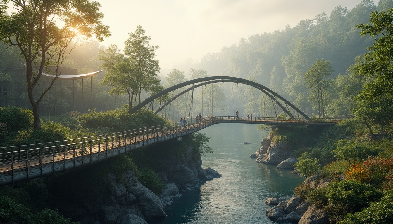 Prompt: Ecological bridge system, curved steel arches, cantilevered walkways, recycled metal materials, solar-powered lighting, energy-harvesting railings, living roofs, green infrastructure, native plant species, meandering watercourse, serene natural surroundings, misty morning atmosphere, soft warm glow, shallow depth of field, 1/2 composition, panoramic view, realistic textures, ambient occlusion.