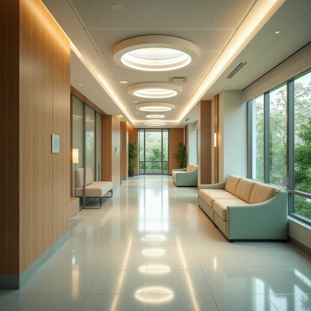 Prompt: Soothing hospital corridors, calming color schemes, natural wood accents, comfortable seating areas, warm lighting fixtures, acoustic ceiling panels, minimalist decor, circular nurses' stations, private patient rooms, large windows, scenic views, lush green walls, healing gardens, water feature sounds, 1/2 composition, softbox lighting, subtle textures, ambient occlusion.Let me know if this meets your requirements!