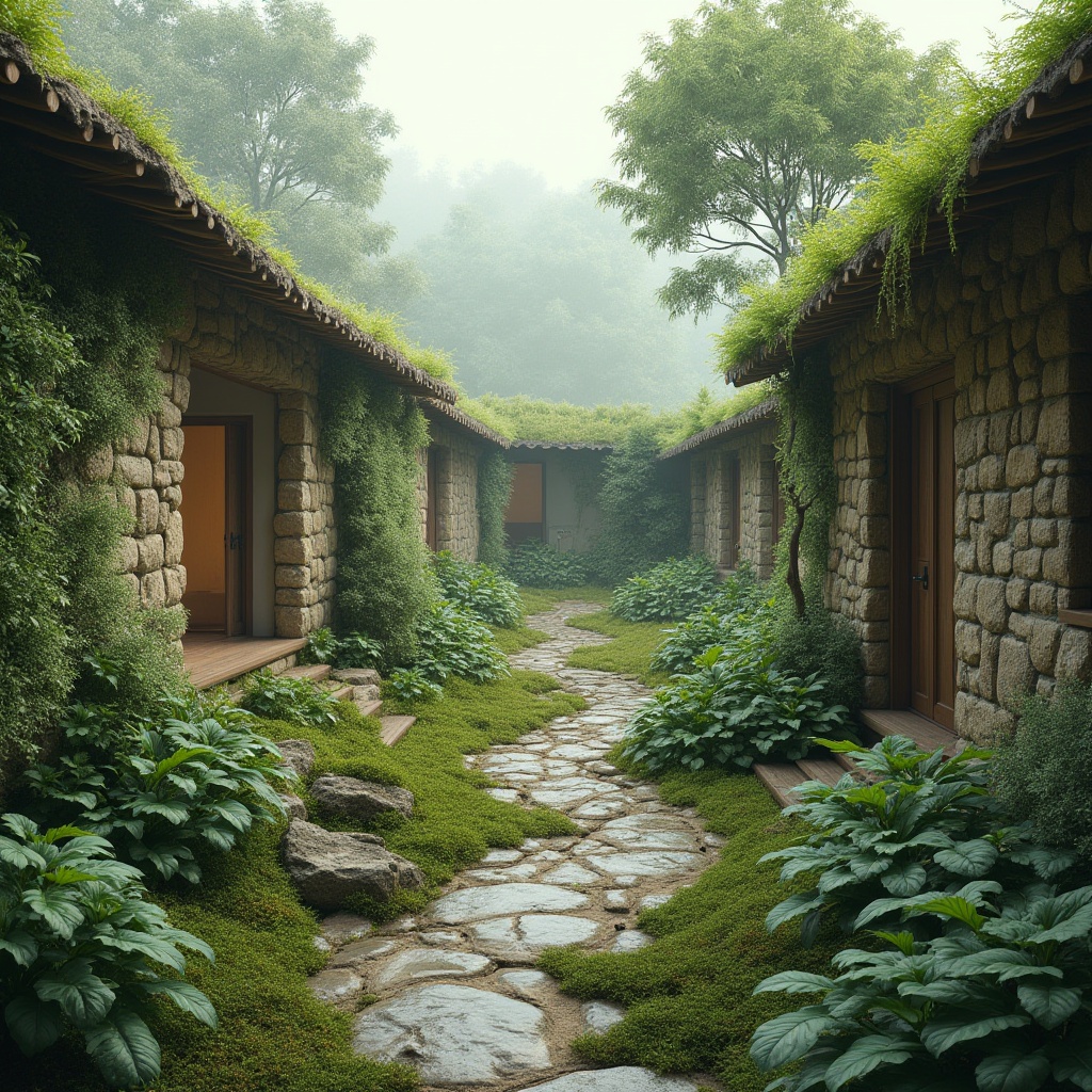 Prompt: Seamless landscape integration, organic curves, natural stone walls, lush green roofs, native plant species, meandering pathways, weathered wood accents, earthy color palette, soft diffused lighting, misty atmospheric effects, 1/2 composition, intimate focal length, subtle texture overlays, environmental harmony.