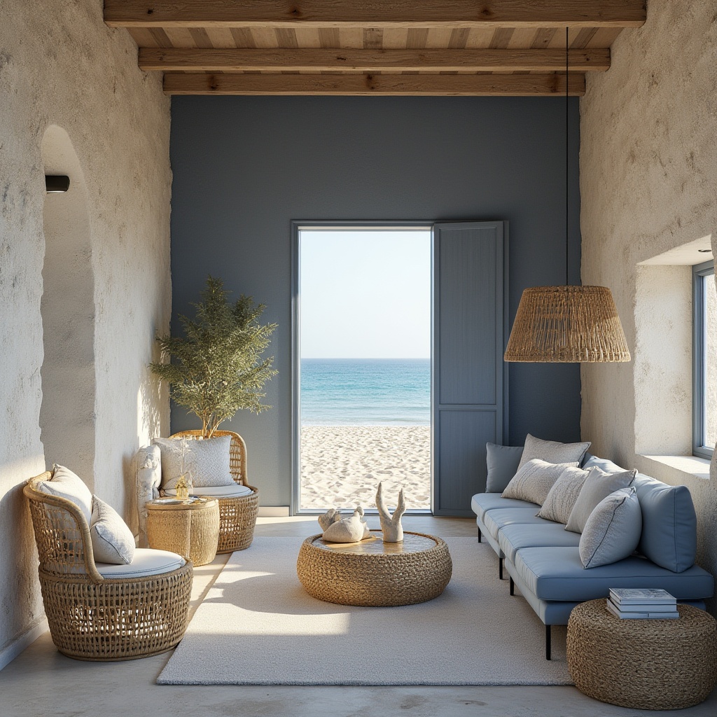 Prompt: Navy blue accents, sandy stone walls, modern minimalist architecture, beachside resort, tranquil ocean views, soft warm lighting, shallow depth of field, 3/4 composition, panoramic view, realistic textures, ambient occlusion, natural linen fabrics, woven wicker furniture, driftwood decorations, sea glass vases, coral-inspired patterns, subtle nautical themes.