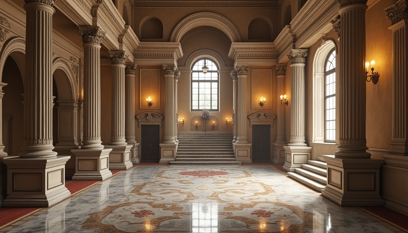 Prompt: Ornate classical columns, intricately carved architraves, ornamental balustrades, grand entranceways, symmetrical fa\u00e7ades, rusticated stone walls, decorative pilasters, Corinthian capitals, sweeping staircases, elegant chandeliers, polished marble floors, richly patterned rugs, tall windows with shutters, distressed wooden doors, subtle warm lighting, shallow depth of field, 2/3 composition, realistic textures, ambient occlusion.