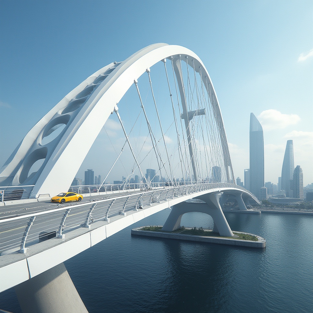 Prompt: Futuristic bridge design, sleek metal arches, suspension cables, LED lighting systems, dynamic curves, aerodynamic shapes, high-strength concrete piers, minimalist railings, geometric latticework, steel mesh textures, modern urban landscape, city skyline, busy traffic flow, bright sunny day, shallow depth of field, 1/1 composition, realistic reflections, ambient occlusion.