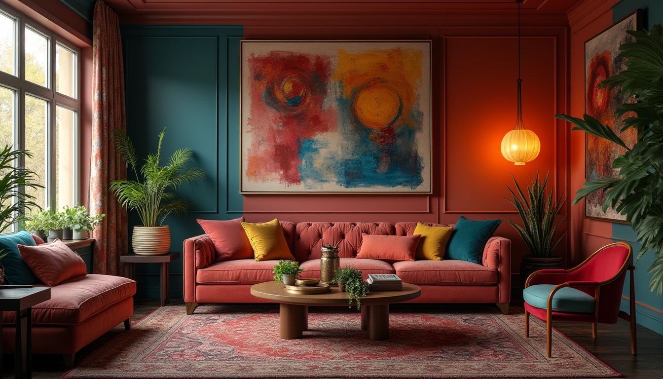 Prompt: Vibrant color accents, bold personality traits, eclectic decorative pieces, abstract art canvases, contrasting textures, statement furniture, whimsical patterns, luxurious fabrics, metallic finishes, dramatic lighting effects, moody atmosphere, cinematic composition, 1/1 framing, soft focus blur, warm golden hour, intimate setting, cozy nooks.