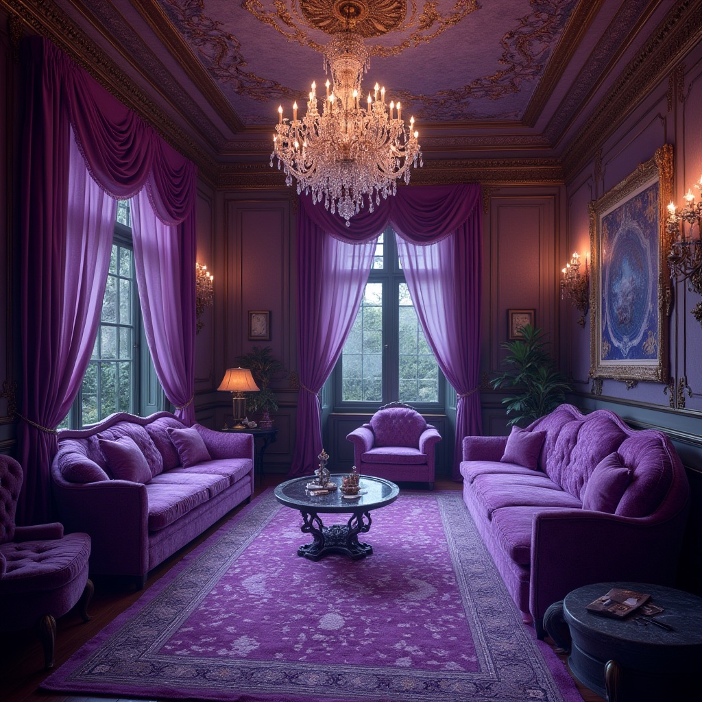 Prompt: Luxurious amethyst villa, ornate crystal chandeliers, lavish purple drapes, gemstone-inspired mosaics, regal velvet furnishings, rich jewel-toned accents, mystical aura, soft warm lighting, shallow depth of field, 3/4 composition, intimate atmosphere, realistic textures, ambient occlusion.