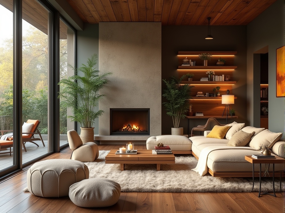 Prompt: Cozy living room, warm wooden flooring, soft plush furniture, calming color palette, natural textiles, minimalist decor, floor-to-ceiling windows, abundant daylight, comfortable reading nooks, rustic stone fireplace, aromatic scented candles, lush greenery, vibrant artwork, eclectic decorative accents, rich wood tones, inviting atmosphere, warm ambient lighting, shallow depth of field, 1/1 composition, realistic textures, ambient occlusion.