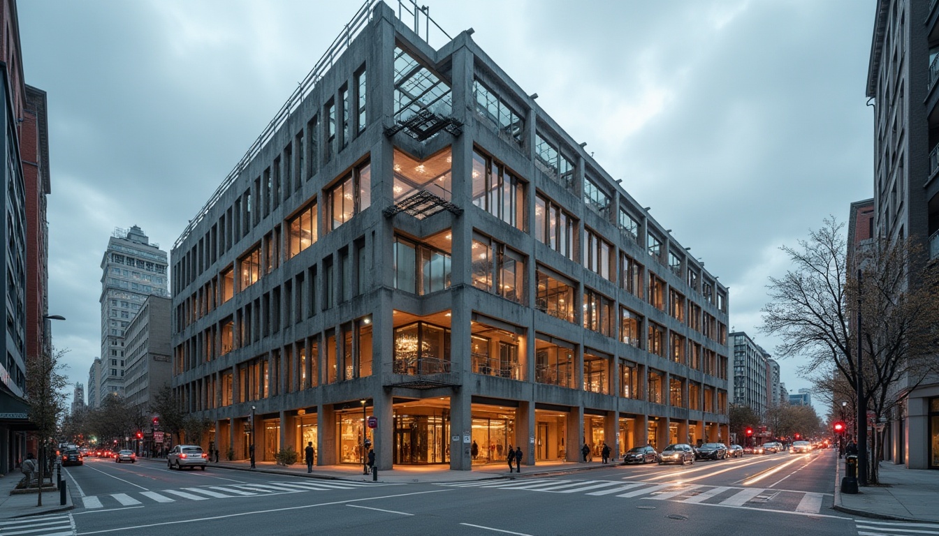 Prompt: Industrial constructivist building, exposed concrete walls, steel beams, minimalist decor, vast open spaces, floor-to-ceiling windows, clerestory windows, skylights, transparent glass roofs, reflective metal surfaces, geometric shapes, brutalist architecture, urban cityscape, busy streets, modern streetlights, cloudy day, soft diffused lighting, high contrast ratio, 1/2 composition, symmetrical framing, realistic textures, ambient occlusion.