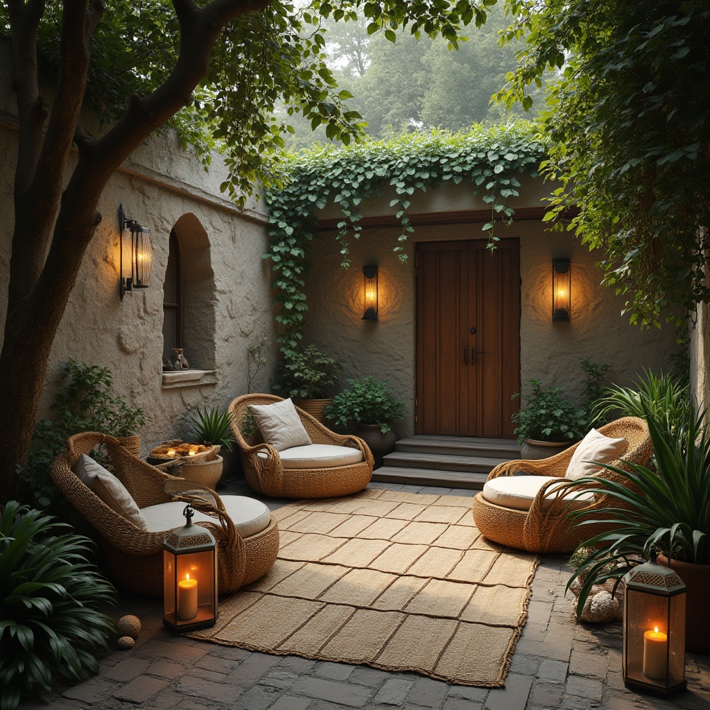 Prompt: Rustic wooden planks, distressed stone walls, vibrant greenery, cozy lanterns, woven wicker furniture, natural fiber rugs, earthy color palette, organic shapes, soft warm lighting, atmospheric mist, shallow depth of field, 1/1 composition, intimate scale, realistic textures, ambient occlusion.