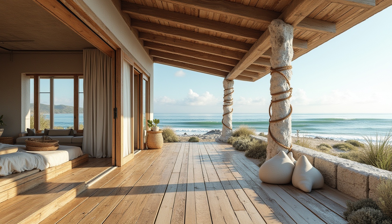 Prompt: Seaside beach house, driftwood accents, weathered wooden decks, nautical ropes, ocean-inspired railings, wave-cut stone walls, sea-salt air, warm sandy dunes, turquoise ocean views, vast open spaces, modern minimalist architecture, large glass windows, sliding doors, natural ventilation systems, coral-inspired columns, reclaimed wood flooring, beachy color palette, soft warm lighting, shallow depth of field, 3/4 composition, panoramic view, realistic textures, ambient occlusion.