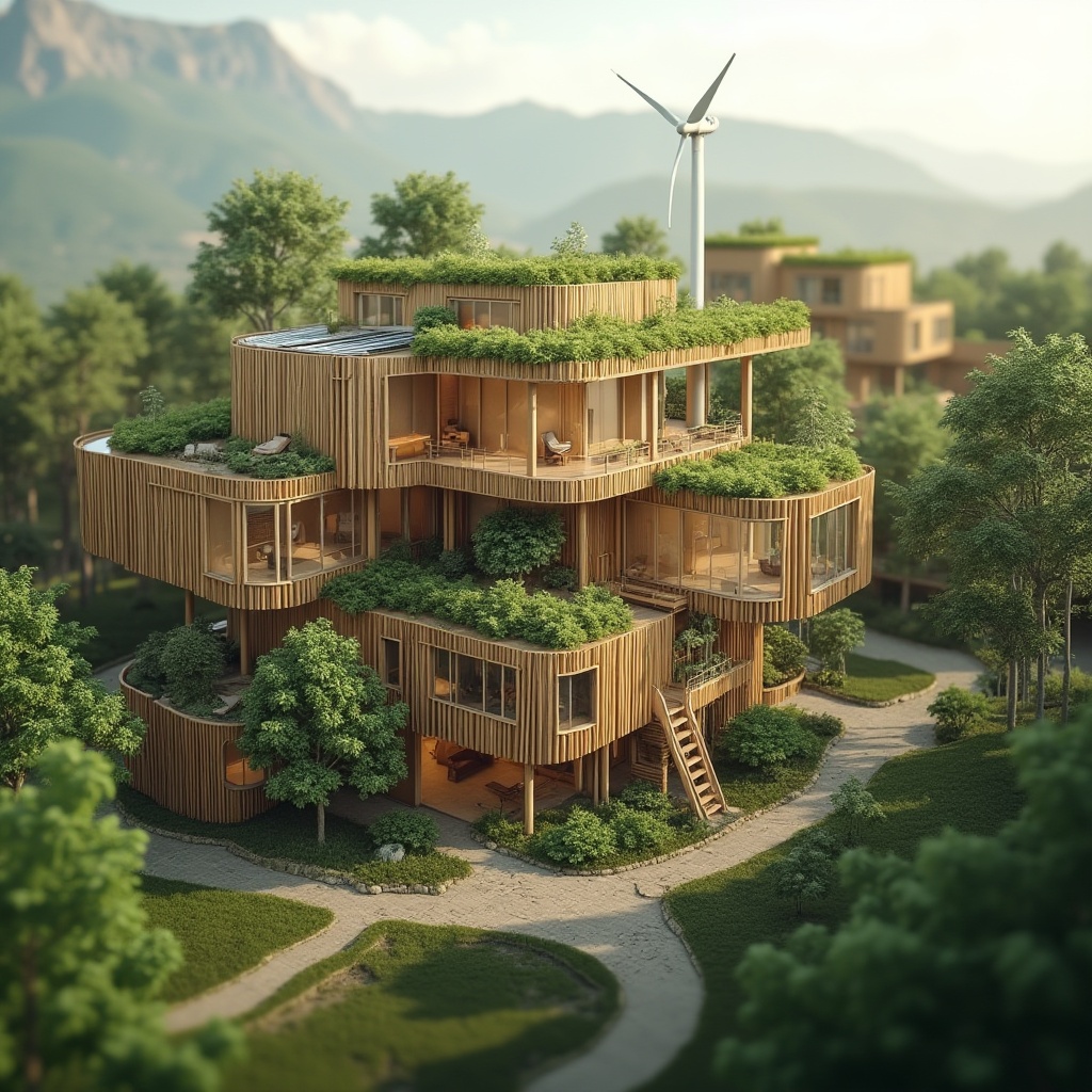 Prompt: Eco-friendly buildings, recycled materials, natural textures, bamboo facades, living roofs, green walls, solar panels, wind turbines, rainwater harvesting systems, low-carbon footprint, minimalist design, organic shapes, earthy color palette, ambient lighting, shallow depth of field, 3/4 composition, panoramic view, realistic rendering.