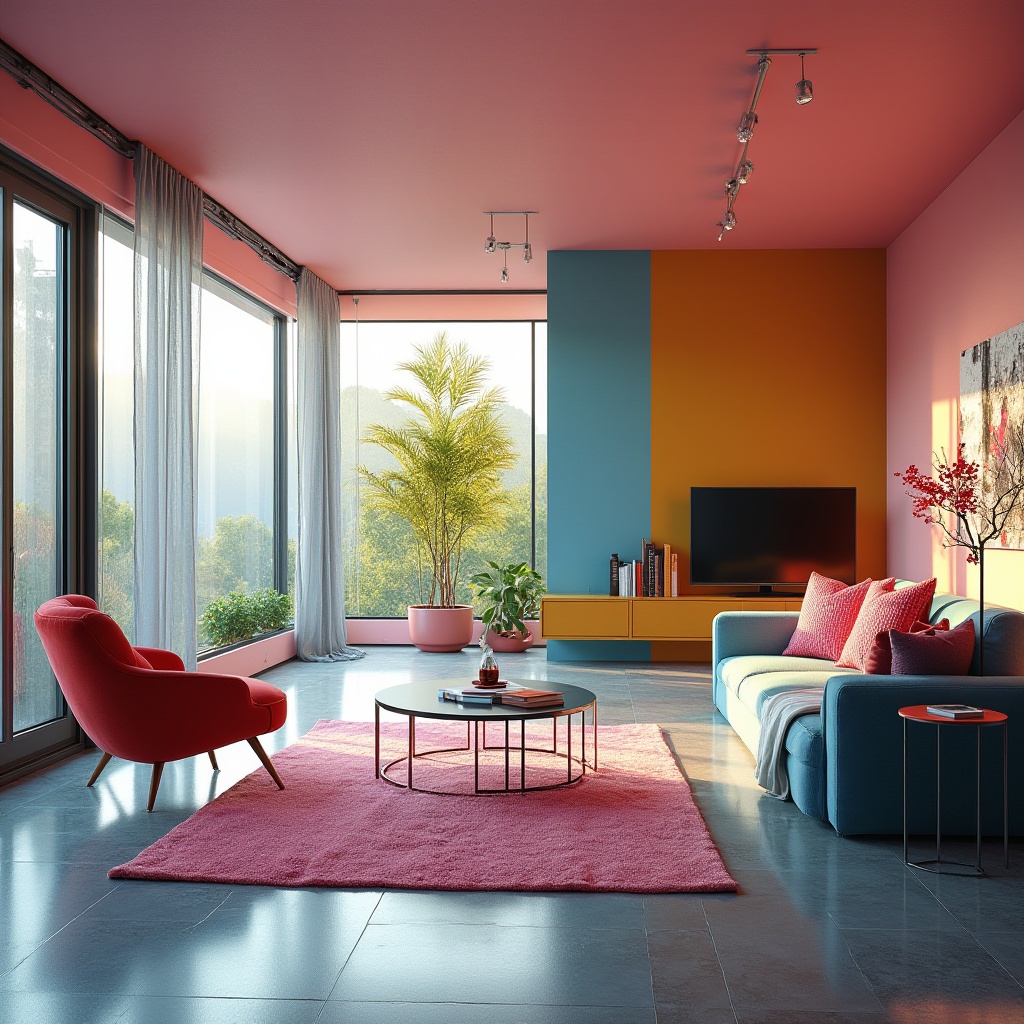 Prompt: Vibrant modern apartment, sleek lines, minimalist decor, bold color accents, metallic finishes, polished concrete floors, floor-to-ceiling windows, natural light pouring in, soft warm glow, dynamic color palette, pastel hues, neon pink, electric blue, sunshine yellow, rich charcoal grey, luxurious velvet textures, geometric patterns, 3D visual effects, atmospheric lighting, shallow depth of field, cinematic composition, futuristic ambiance.