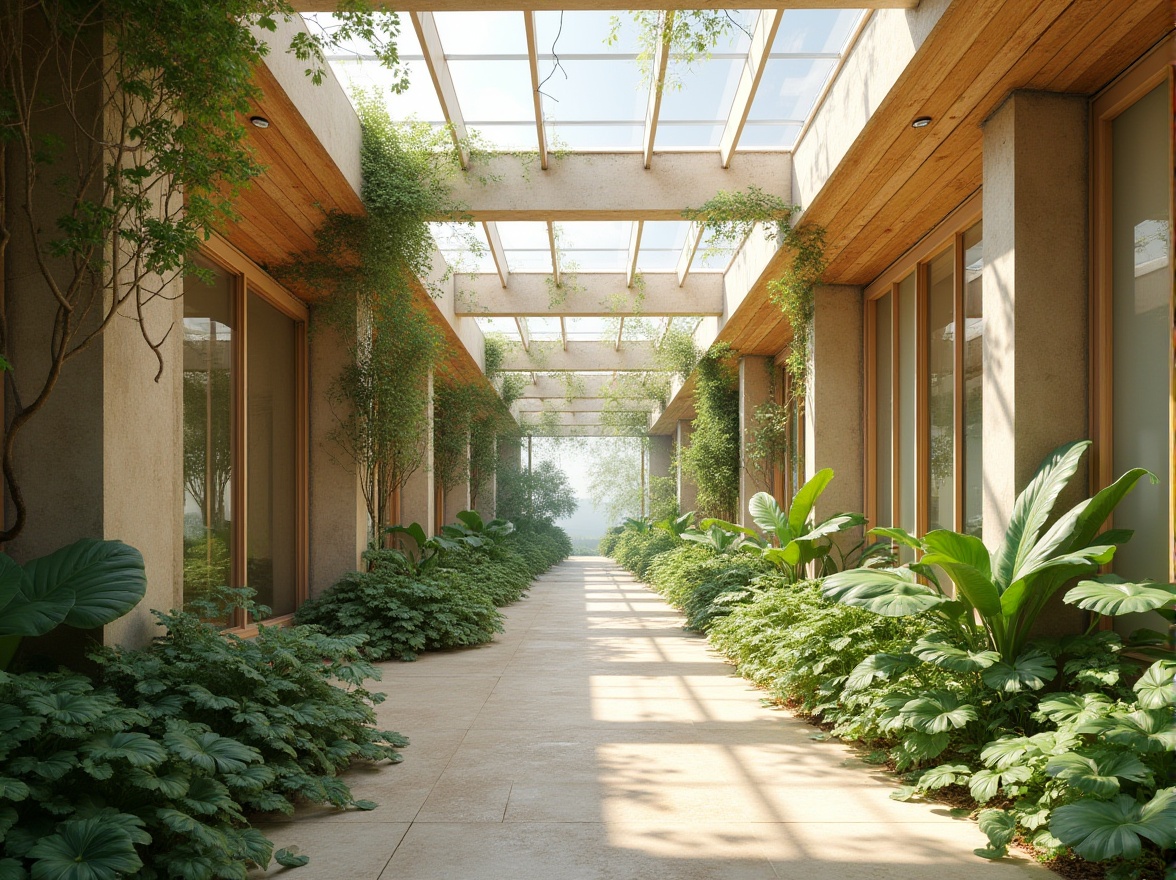 Prompt: Delicate botanical gardens, latticework trellises, climbing vines, soft filtered daylight, translucent roofing materials, minimalist framework, airy atriums, natural ventilation systems, recycled glass partitions, frosted windowpanes, subtle shading devices, warm beige stonework, organic textures, earthy color palette, serene ambiance, shallow depth of field, 1/1 composition, realistic reflections, ambient occlusion.