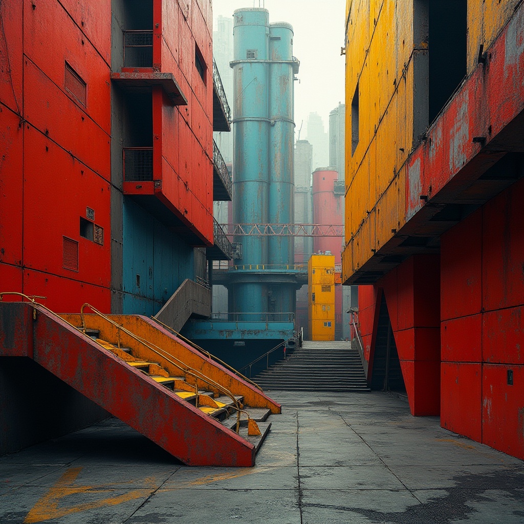 Prompt: Vibrant red accents, bold blue shapes, yellow geometric patterns, industrial metal textures, urban cityscape backdrop, abstract constructivist architecture, fragmented forms, dynamic diagonal lines, brutalist concrete structures, exposed ductwork, minimalist typography, modern urban lighting, high-contrast shadows, dramatic atmospheric perspective, cinematic composition, futuristic ambiance, avant-garde art inspiration.