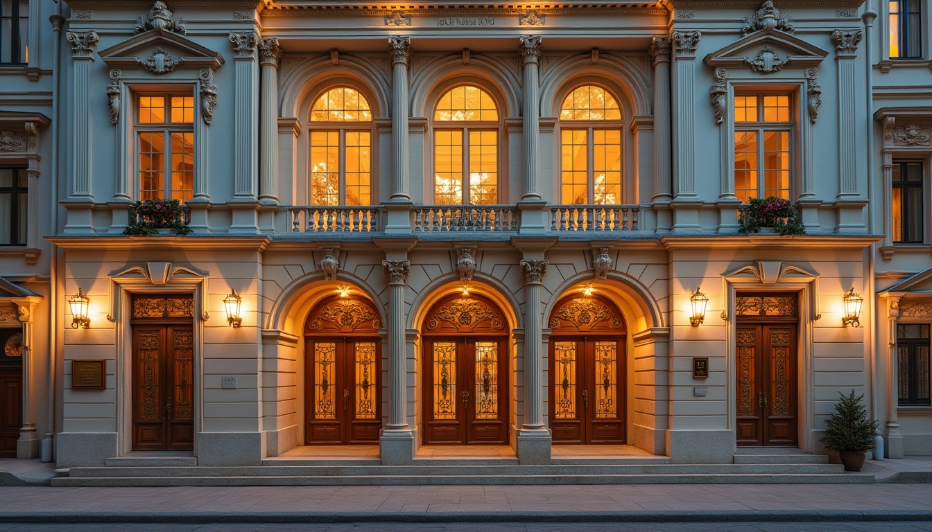 Prompt: Grand opera house facade, neoclassical architecture style, ornate details, Corinthian columns, arched windows, balconies with intricate metalwork, grand entrance with bronze doors, symmetrical composition, creamy stone walls, decorative moldings, sculpted figures, subtle warm lighting, evening atmosphere, shallow depth of field, 1/2 composition, realistic textures, ambient occlusion.