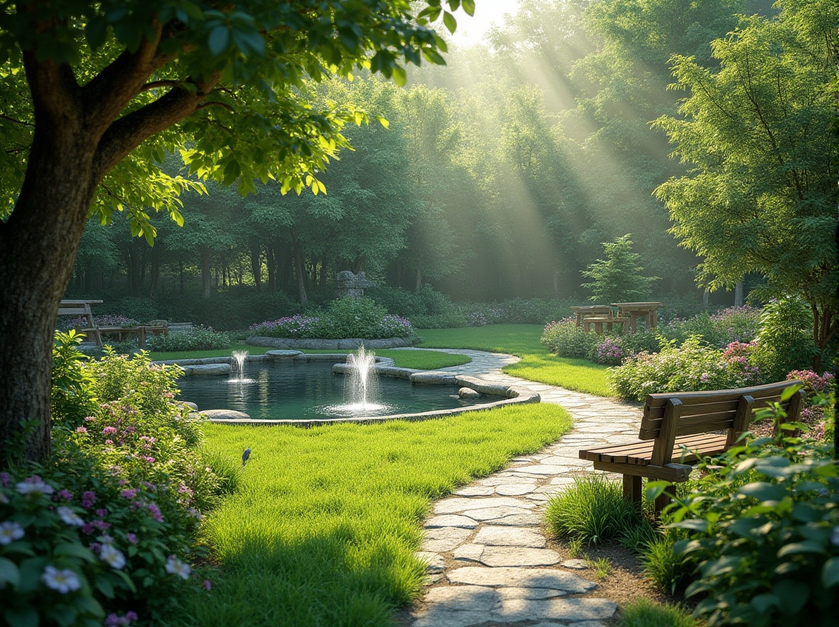 Prompt: Serenity garden, lush greenery, peaceful water features, natural stone paths, wooden benches, vibrant flowers, soft grass lawns, tranquil atmosphere, misty morning dew, warm sunny days, gentle breeze, bird songs, 3/4 composition, shallow depth of field, panoramic view, realistic textures, ambient occlusion.